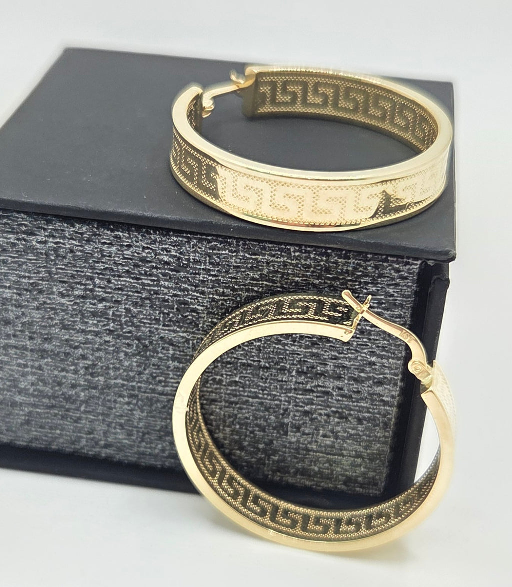 14KT GREEK DESIGN STRAIGHT EDGE HOOPS EARRINGS Size 6 7MM Weight 7.3GR