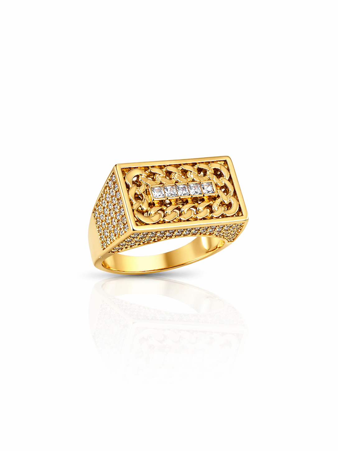 10KT RECTANGULAR CZ DETAIL CHAIN FRAME MAN'S RING Size 11.5 Weigth 5.3GR