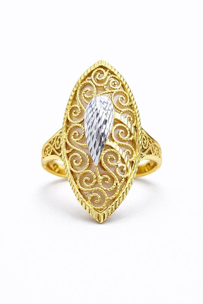 14KT EXOTIC LARGE TWO-TONE RING WITH BEAUTIFUL DETAILS SIZE 9.5 Weight 2.9GR