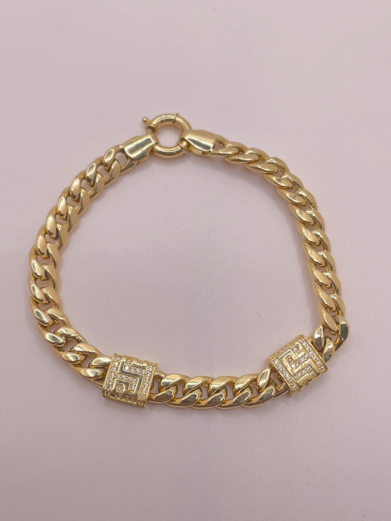 10KT CUBAN LINK BRACELET WITH GREEK DETAIL 6.5MM