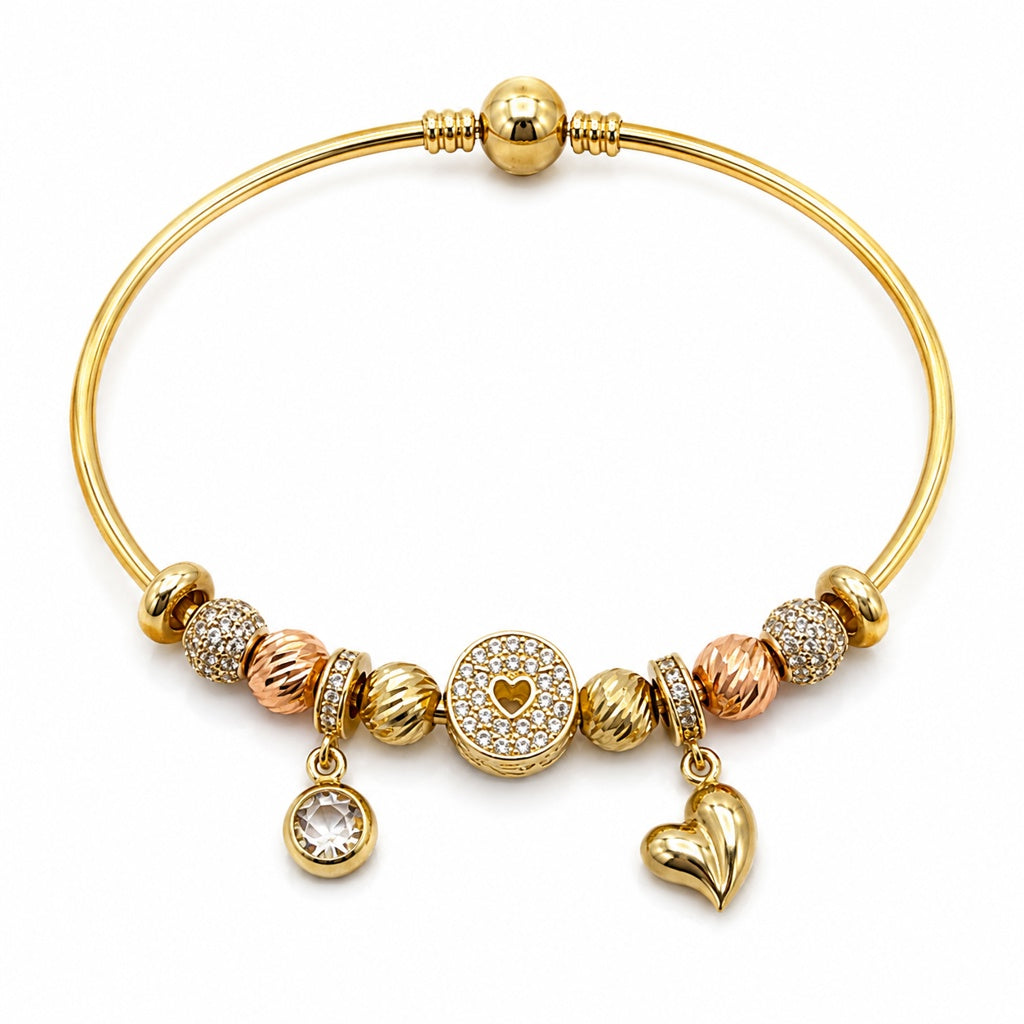 14KT RIGID PANDO STYLE BRACELET WITH TWO TONE DETAILS CHARMS Weigth 10.8GR