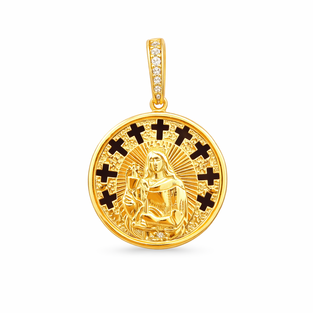 10KT ROUND MEDALLION SANTA BARBARA PENDANT Size 20MM Weigth 3.2GRS