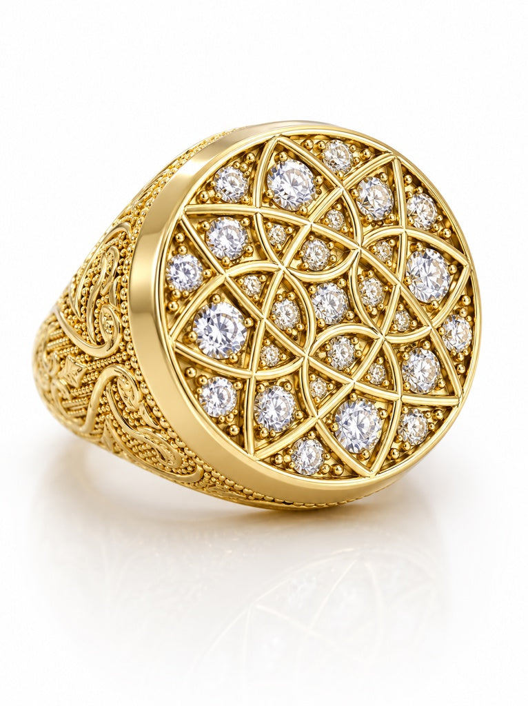 10KT ROUND ROSETTA WITH CZ AND FLOWER DETAILS MAN RING Size 10 Weight 11.8GR