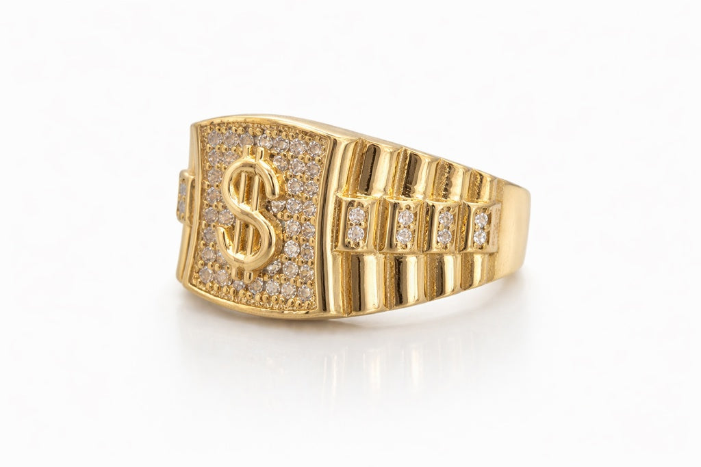 14KT MONEY SIGN RING WITH CZ ACCENTS Size 12 Weight 9.6GR
