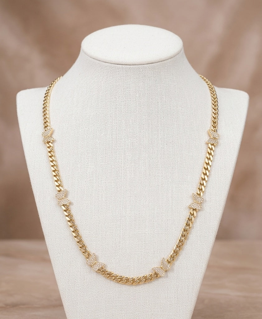14KT SMALL CZ BUTTERFLYS MONACO STYLE NECKLACE Size 18INCH 5MM Weight 15GR