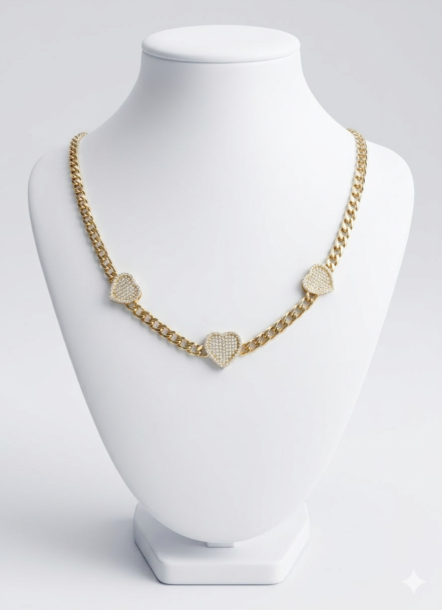 14KT TRHEE CZ SMALL HEARTS MONACO STYLE NECKLACE Size 18INCH 5MM Weigth 13.1GR