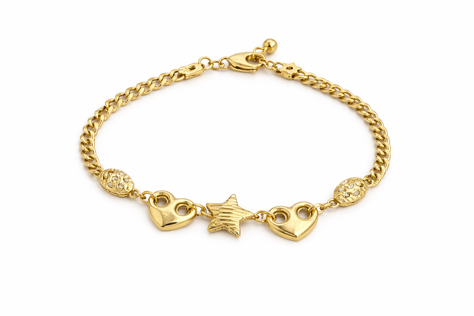 14KT DELICATE TWO HEARTS AND STAR CENTER BRACELET Size 7.5-9INCH  Weigth 6.5GR