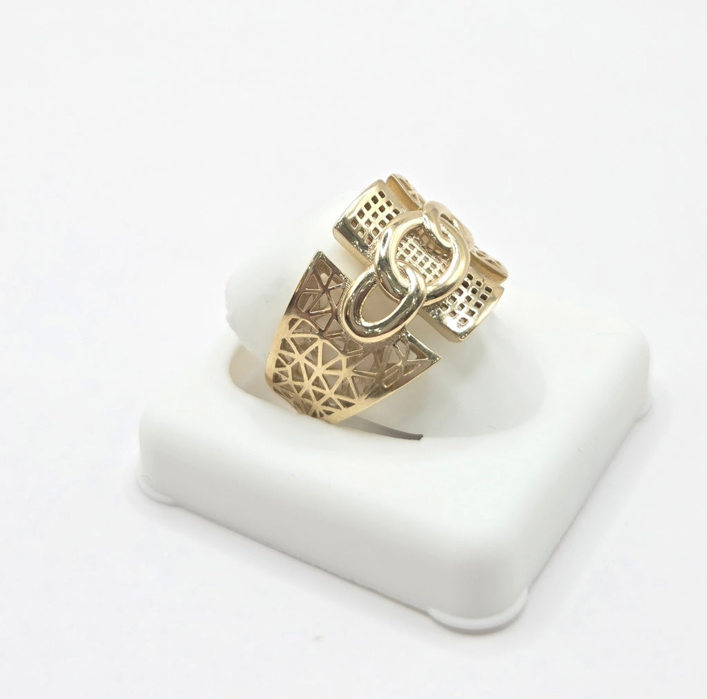 10KT FANCY SILHOUETTES BACK DESIGN CHAIN DETAIL CENTER RING Size 8-9 Weigth 3.2GR