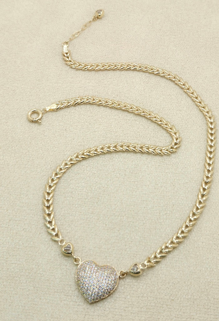 14KT CZ HEART LEAVES LINK NECKLACE Size 18INCH Weight 12.4GR