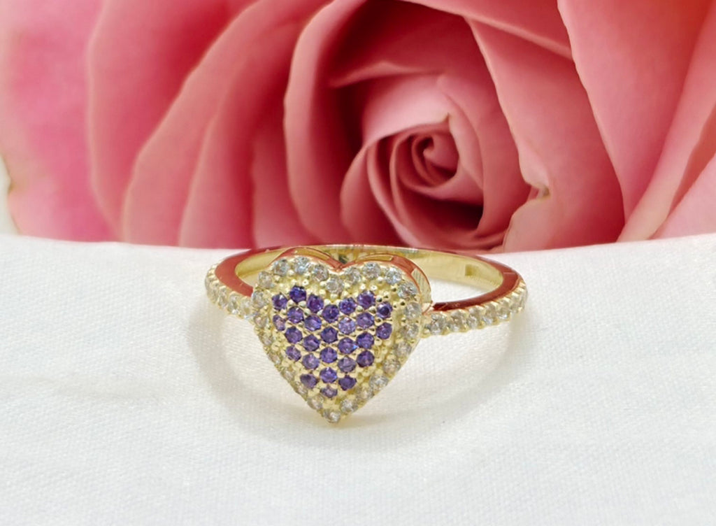 10KT CZ PURPLE MEDIUM HEART RING Size 5.5 Weight 1.8GR