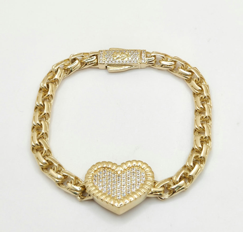 10KT CHINO LINK CZ HEART BRACELET Size 7INCH 6MM Weight 14.5GR