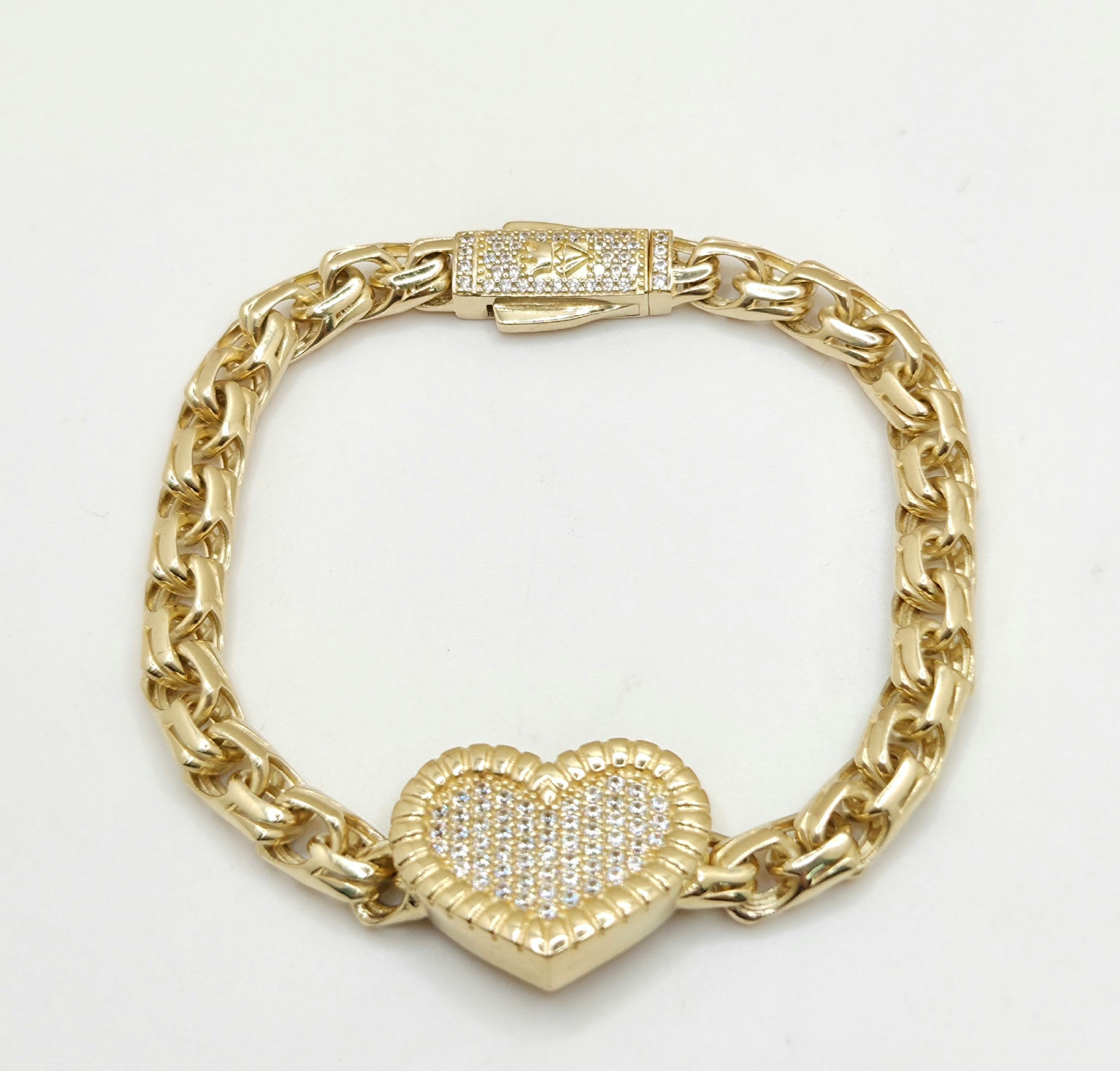 10KT CHINO LINK CZ HEART BRACELET Size 7INCH 6MM Weight 14.5GR