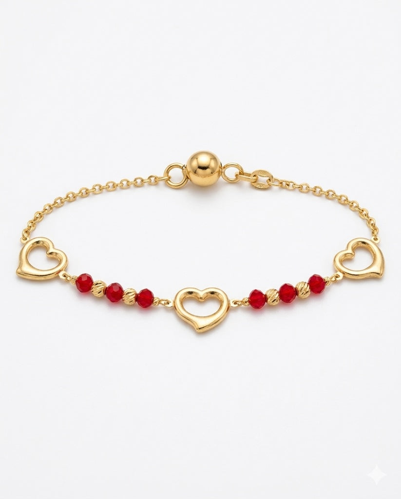 14KT HEART SILHOUETTE WITH RED STONES DETAIL BRACELET Size 7INCH Weight 3.8GR