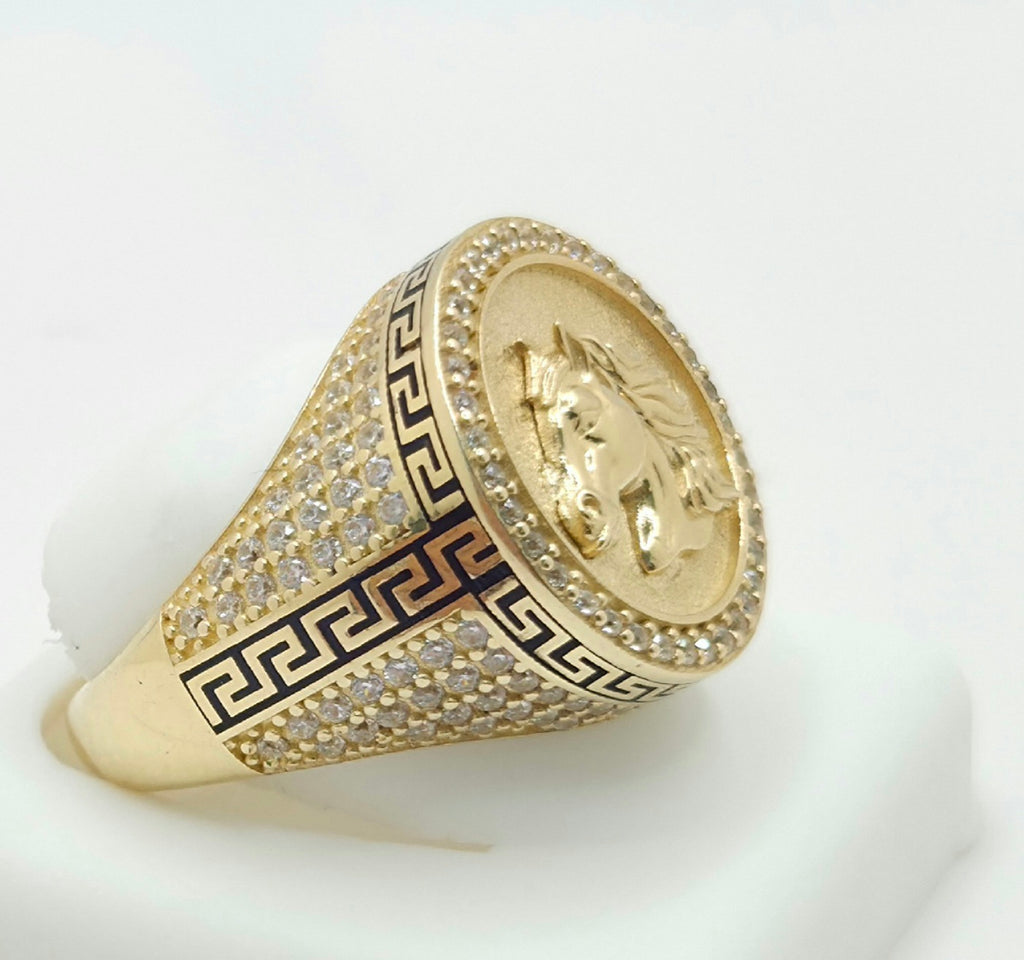 14KT CZ ROUND FACE HORSE RING GREEK DETAIL Size 11 Weight 9.4GR