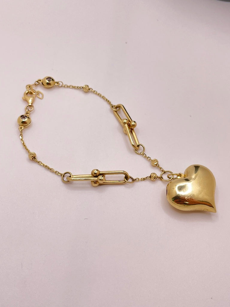 14KT PAPER CLIP HEART CHARM BRACELET Size 7INCH Weight 6.3GR