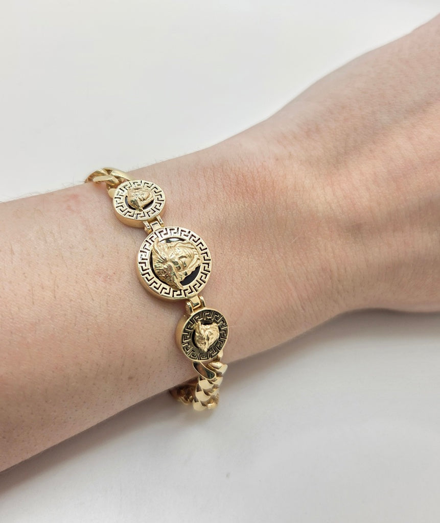 14KT THREE ROUND MEDUSA MONACO STYLE BRACELET Size 7.5INCH Weight 7MM