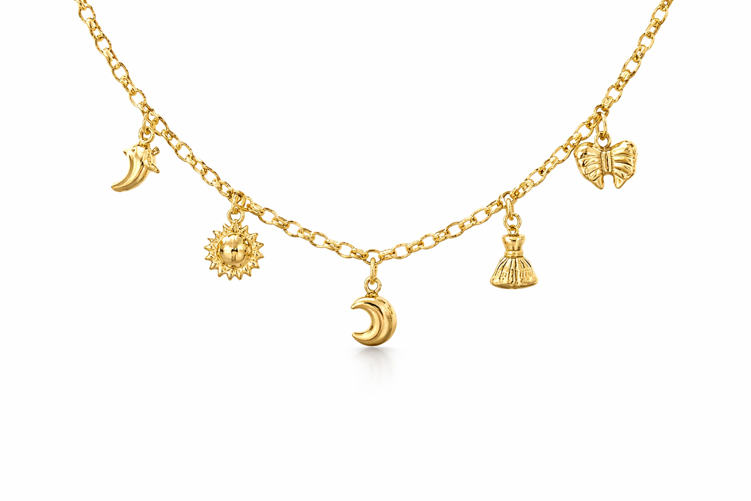 14KT MOON-SUN-MONEY BAG-HEART-RIBBON PENDANTS BRACELET Size 7INCH Weight 4.8GR