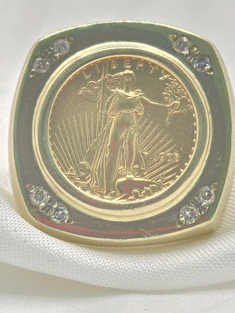 2004 22K AMERICAN GOLD EAGLE COIN 1/10 OUNCE FILIGREE 10KT YG DIAMOND RING Size 10.5 Weight 14.2 GRS