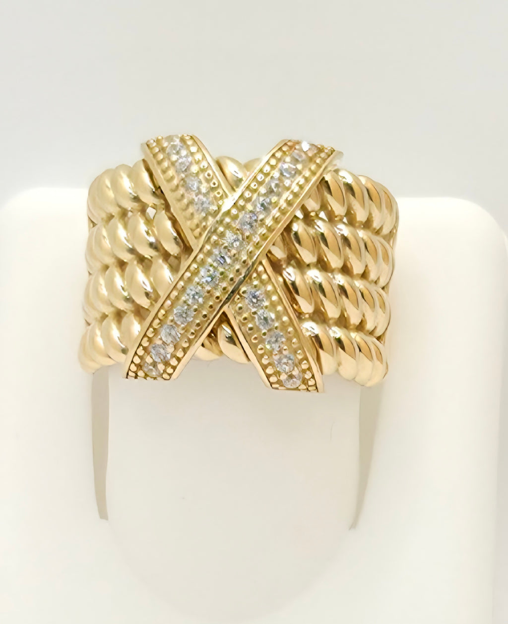 14KT MODERN LARG CZ "X" RING Size 8 Weight 7GR