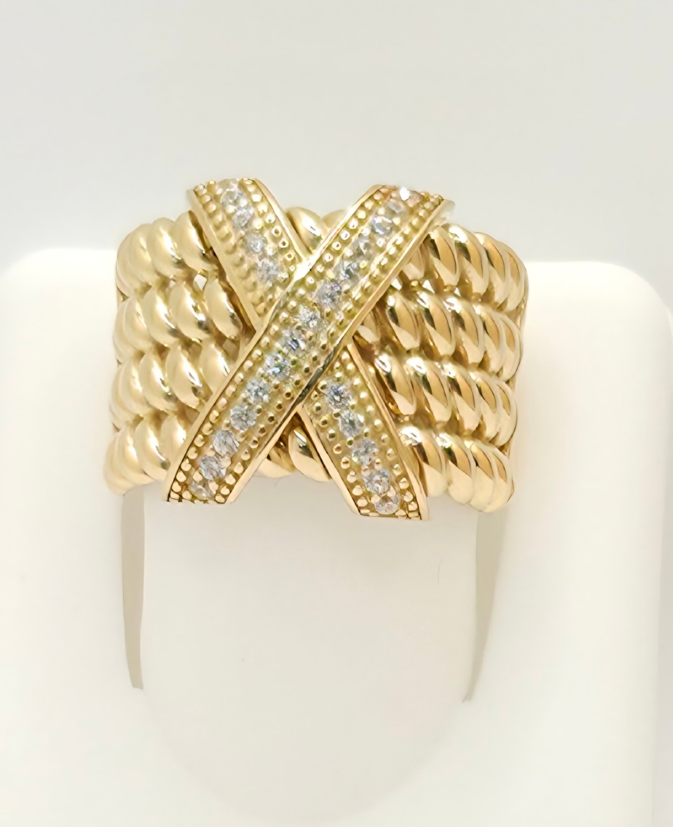 14KT MODERN LARG CZ "X" RING Size 8 Weight 7GR