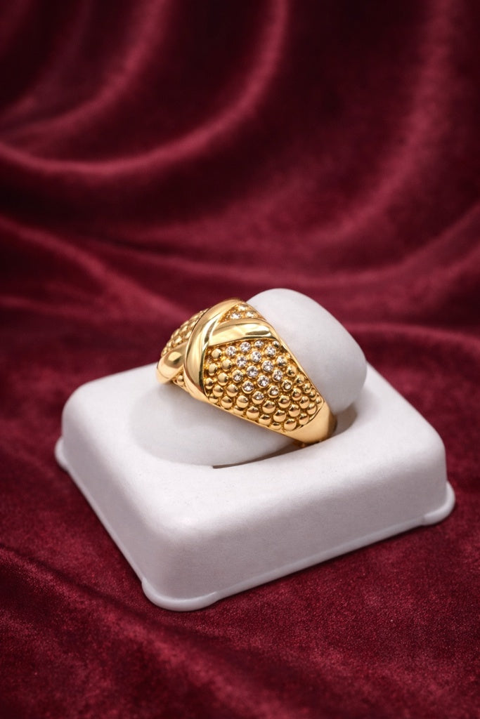 10KT MODERN POP CORN DESIGN "X" DETAIL WOMAN'S RING Size 7.5/8 Weigth 3.4GR
