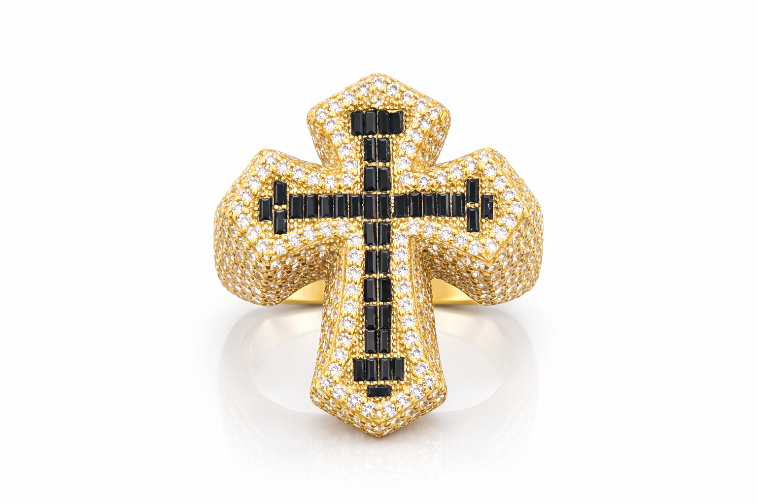 10KT SPECIAL OFEFR CZ AND BLCK BAGUETTE CROSS RING Size 7.5 Weigth 8.4GR