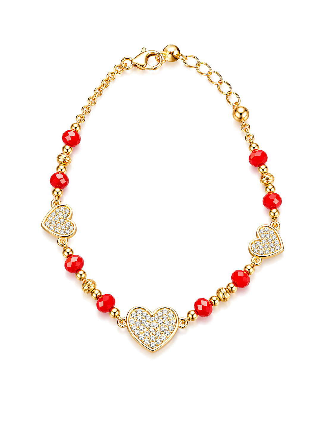 14KT SMALL CZ HEARTS WITH RED STONES DETAIL BRACELET  Size 7INCH Weight 4.4GR