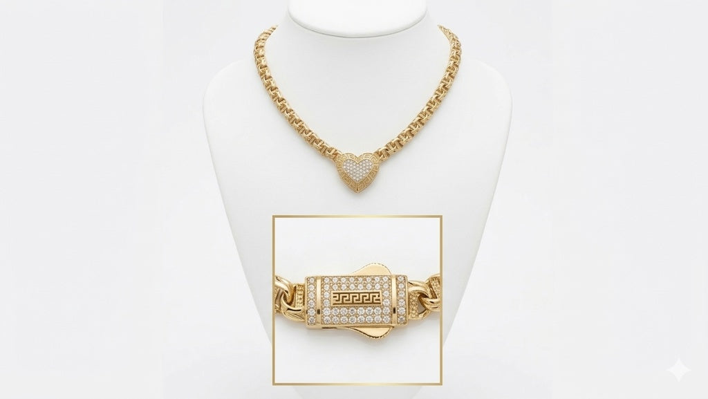 14KT CZ SMALL HEART CHINO LINK NECKLACE WITH GREEK DETAILS Size 18INCH 5MM Weigth 13.6GR