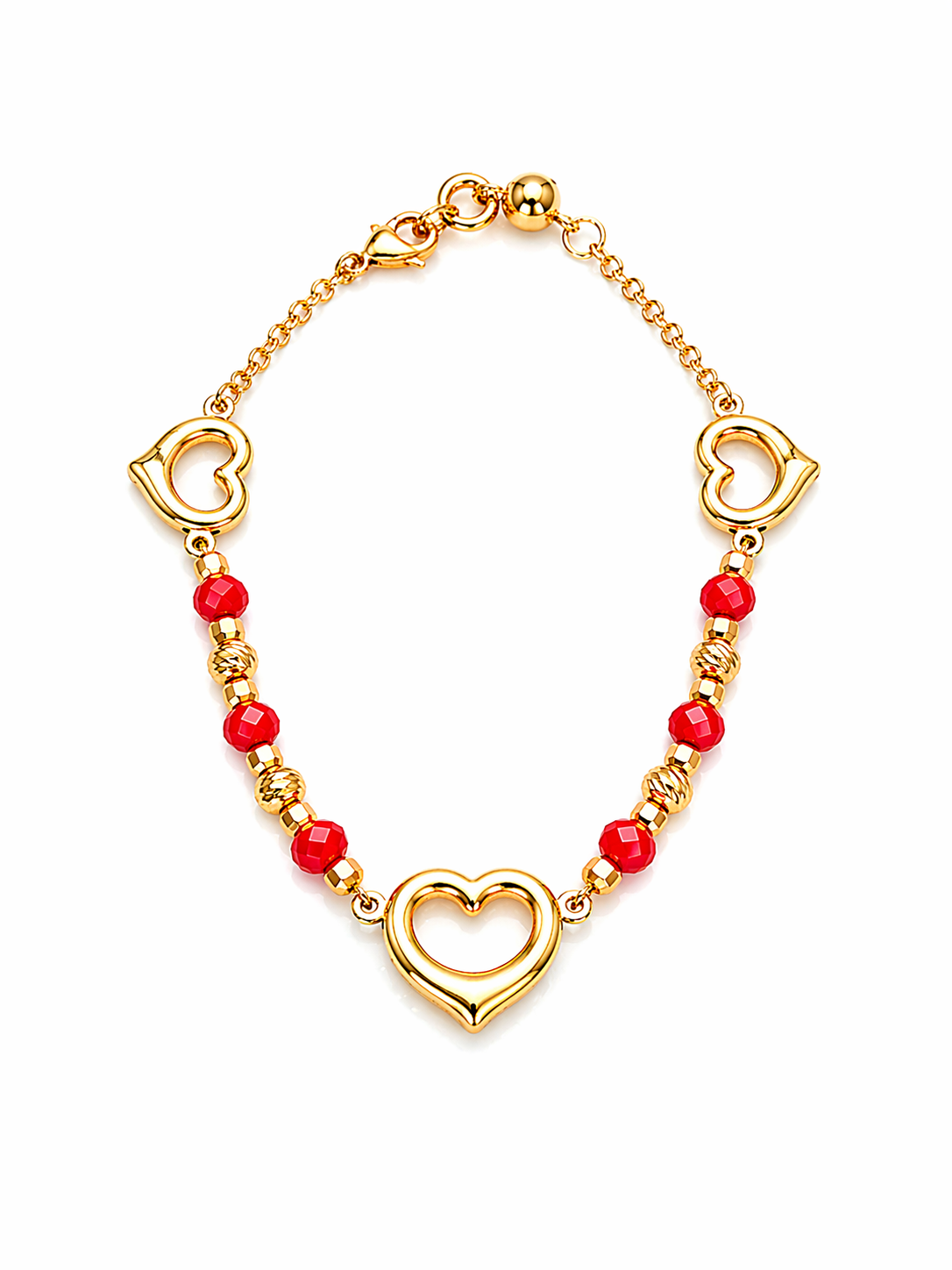 10KT HEART SILHOUETTE WITH RED STONES DETAIL BRACELET Size 7INCH Weight 4.1GR
