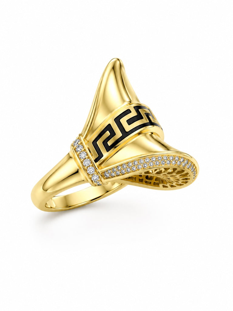 14KT MODERN BLACK GREEK DETAIL WOMAN'S RING  Size 8 Weigth 4.3GR