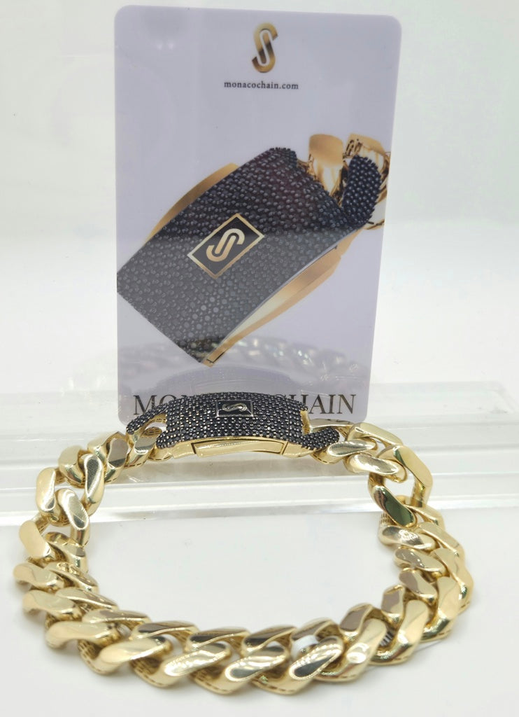 10KT CERTIFIED MONACO BRACELET BLACK CZ CLOSURE Size 8INCH 9.5MM Weight 11.8GR