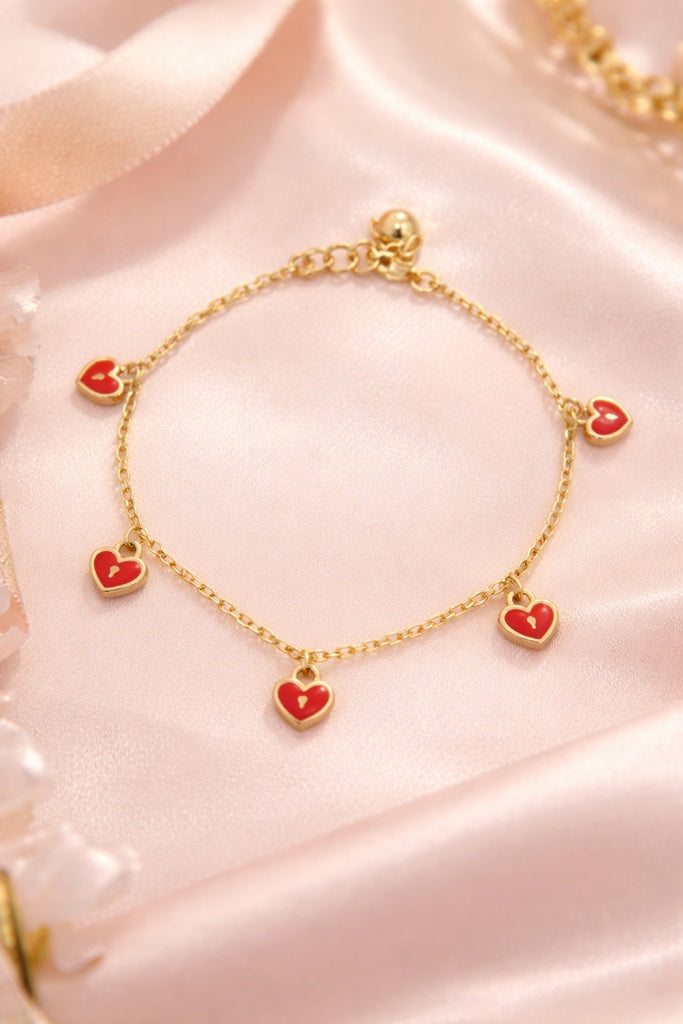 14KT SMALL RED HEART DANGLING BRACELET Size 7-8INCH  Weigth 3.9GR