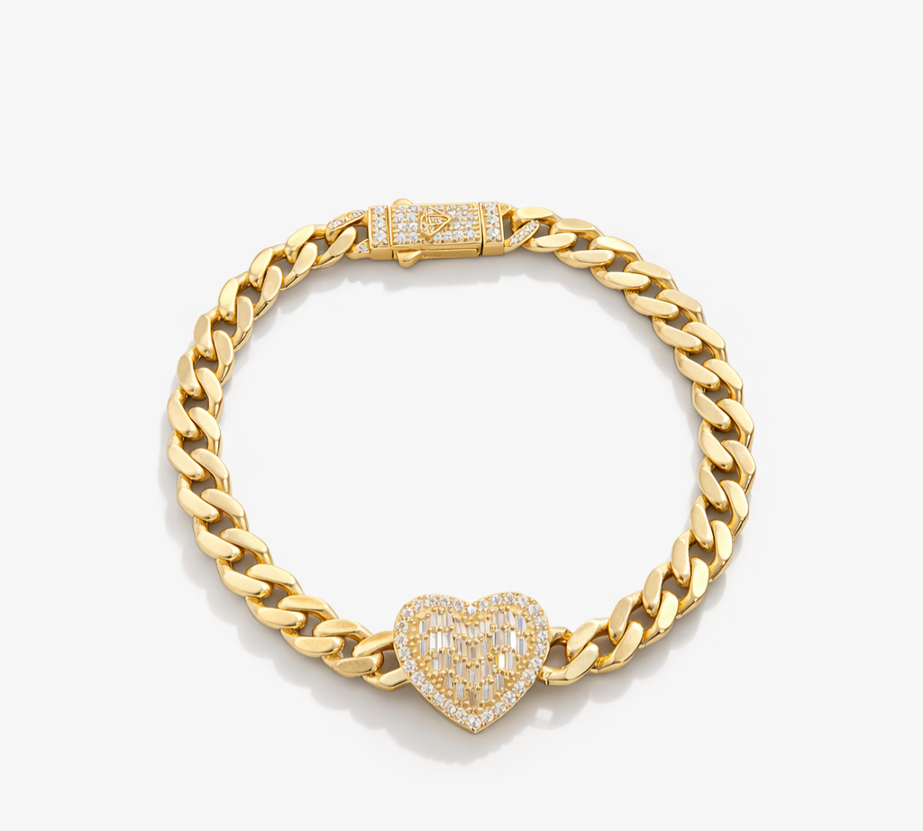 10KT BAGUETTE SMALL HEART MONACO STYLE BRACELET Size 7INCH 6MM Weight 8GR