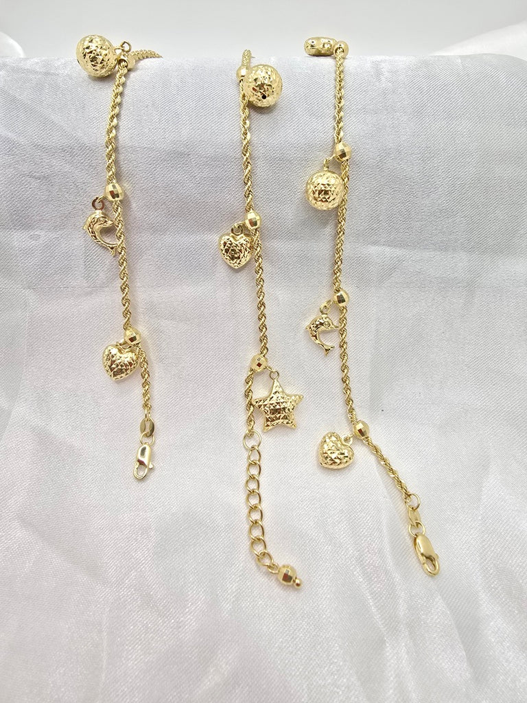10KT STAR DOLPHIN BALL AND HEART ROPE BRACELET Size 7INCH Weight 3.4GR