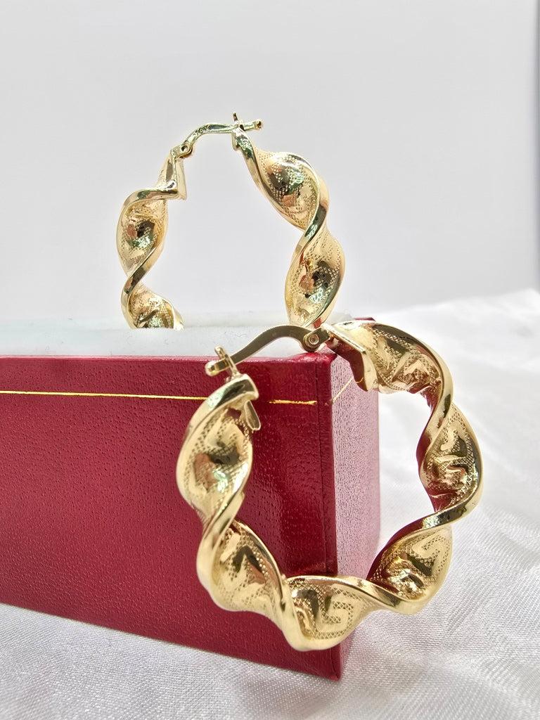 14KT GREEK DESING CROOKED HOOPS EARRINGS Size 4  7MM Weight 7.8GR