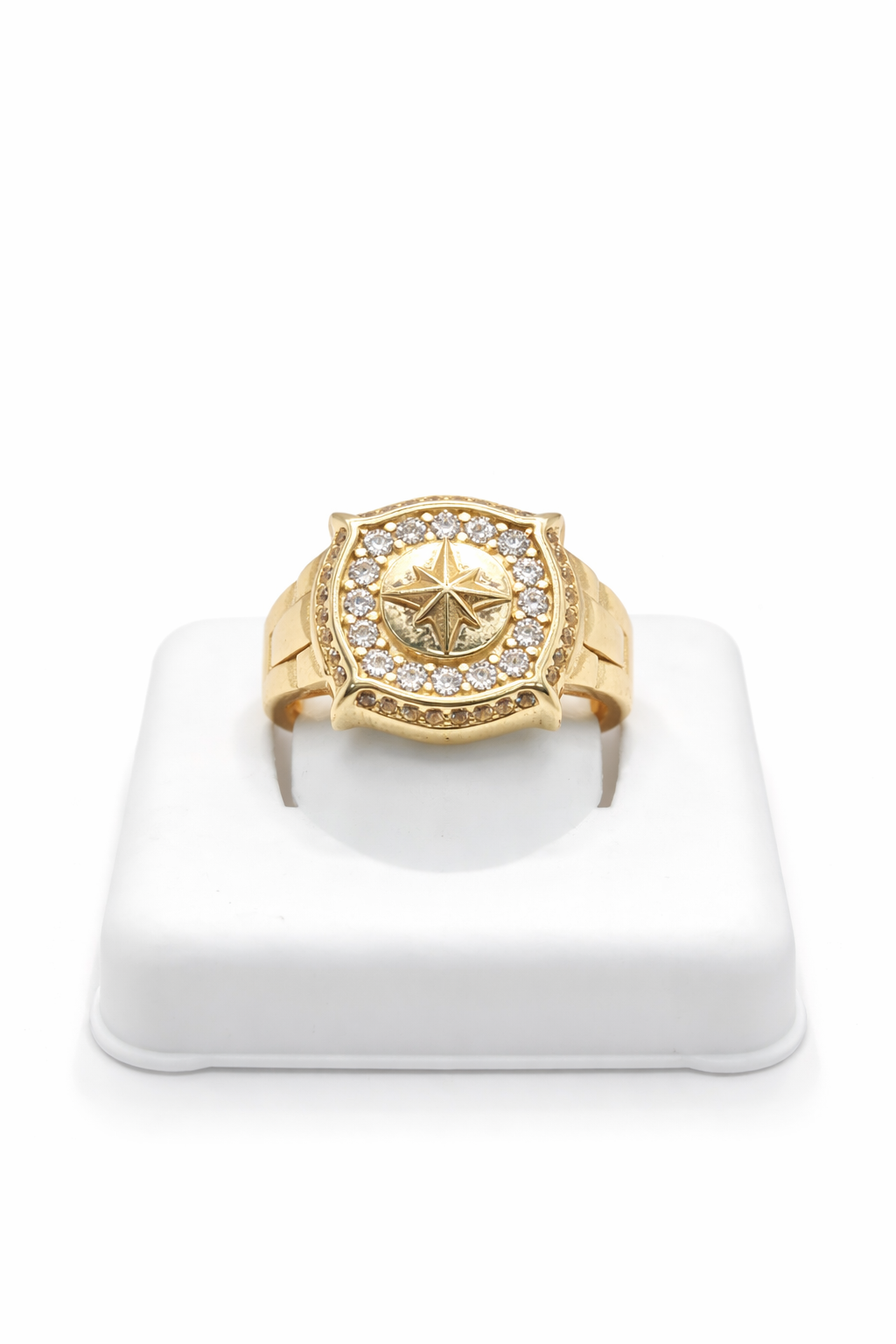 14KT CZ BACKGROUND COMPASS ROSE MAN'S RING Size 8.5 Weigth 3.5GR