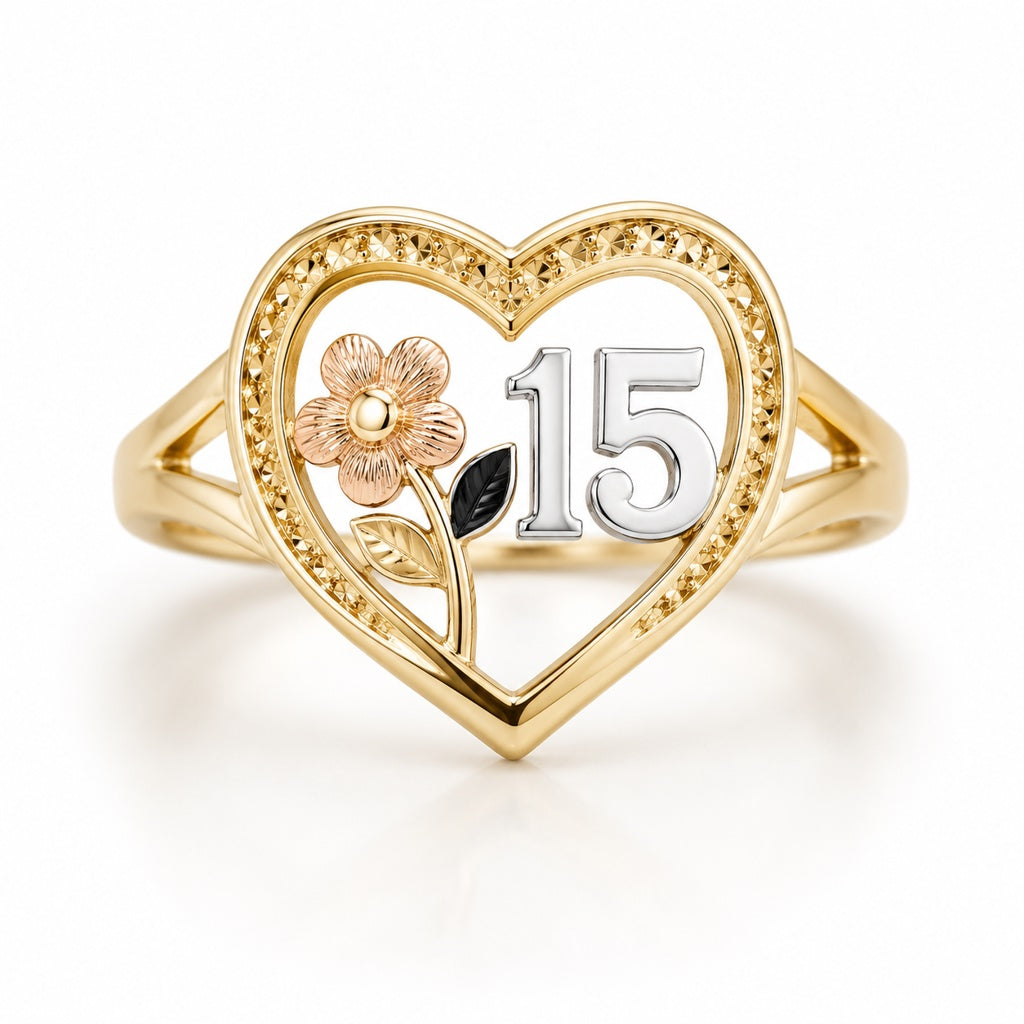 10KT FIFTEEN AND ROSE INSIDE HEART WOMAN'S RING Size 8 Weigth 2.4GR