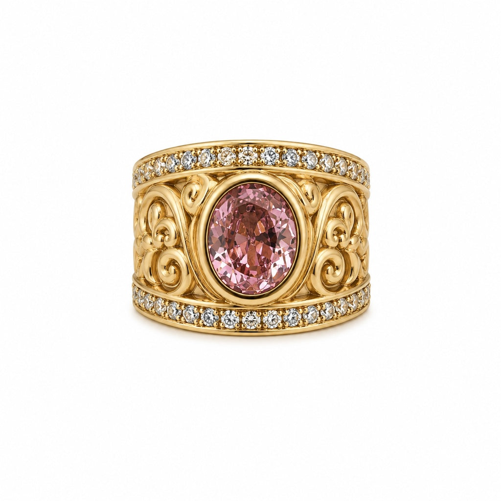 14KT VINTAGE DESIGN PINK STONE RING Size 7.5 Weigth 5.9GR