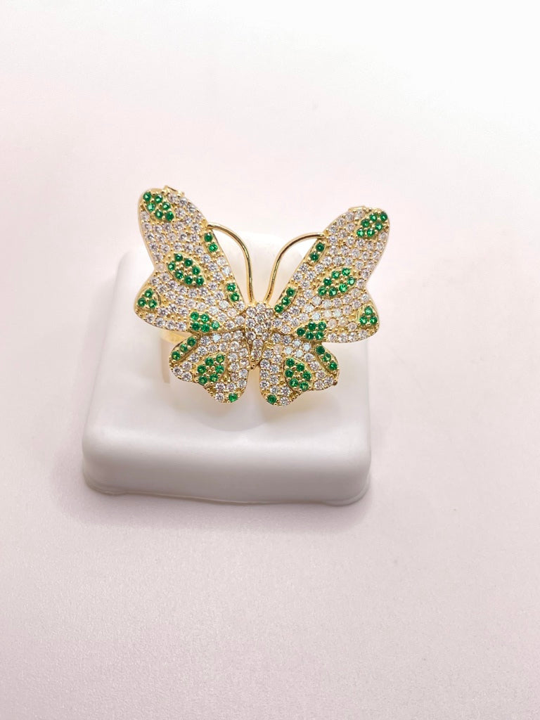 10KT FANCY BIG BUTTERFLY WITH GREEN AND WHITE STONES RING  Size 7 Weight 5.27GR