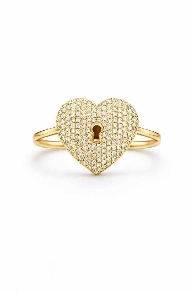 14KT CZ HEART PADLOCK RING Size 7 Weight 4.6GR