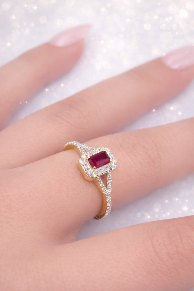 14KT NATURAL DIAMOND AROUND RECTANGULAR LAB RUBI ELEGANT RING Size 7/0.58CT/1.08GM