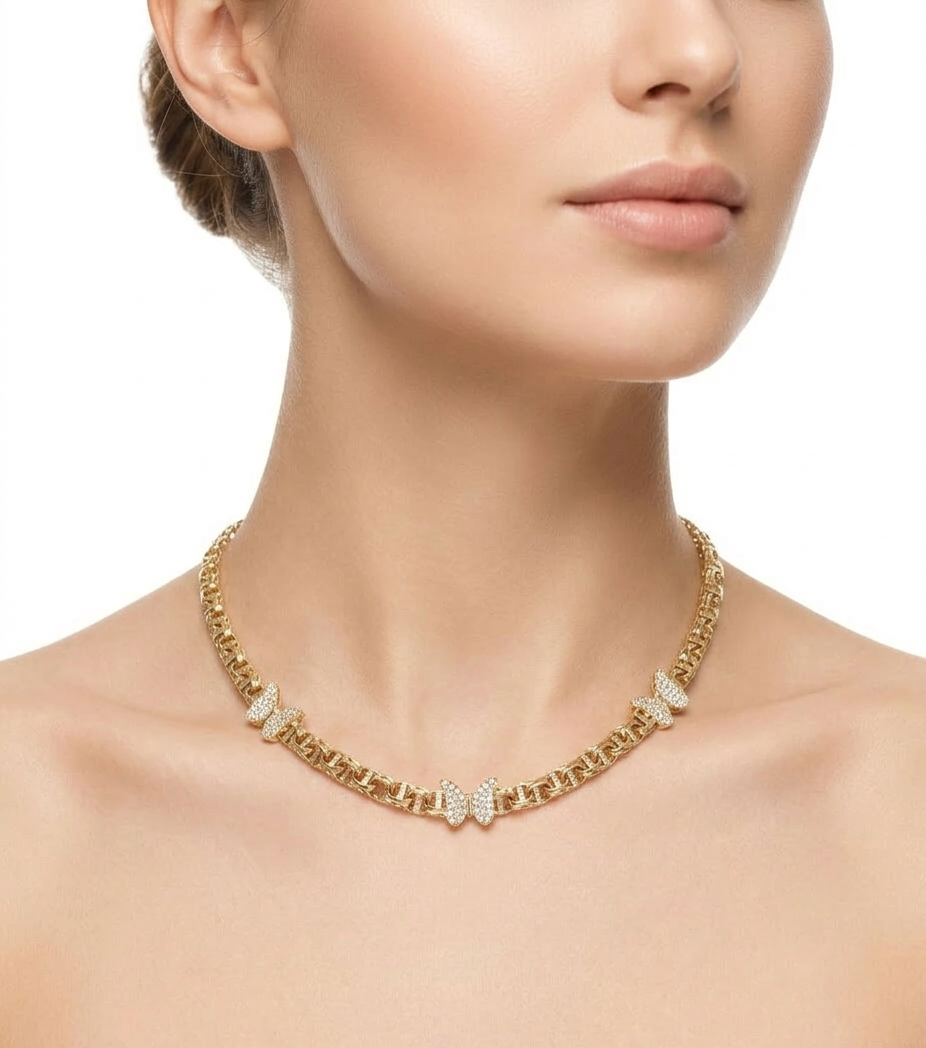 14KT CZ TRHEE BUTTERFLY CHINO LINK NECKLACE Size 18INCH 5MM Weight 15.8GR