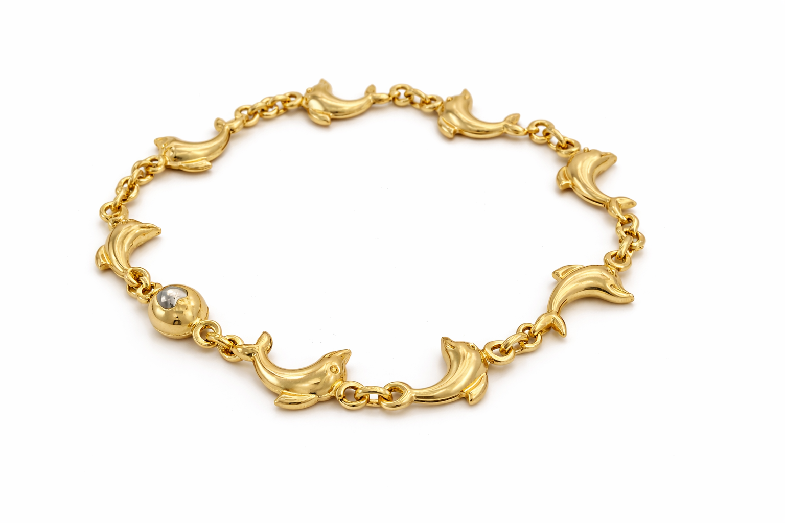 10KT DOLPHINS CHARMS BRACELET Size 7IN Weight 4.6 GRS