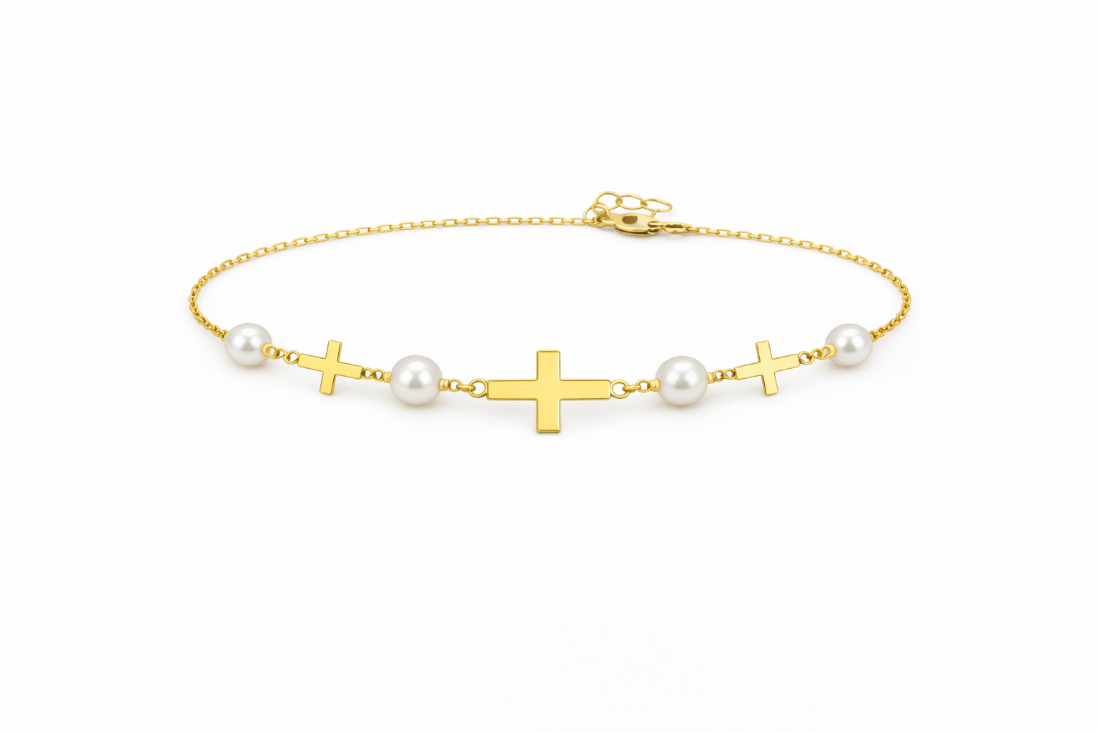 14KT CROSS AND WHITE PEARL BRACELET Size 8INCH Weight 1.7GR