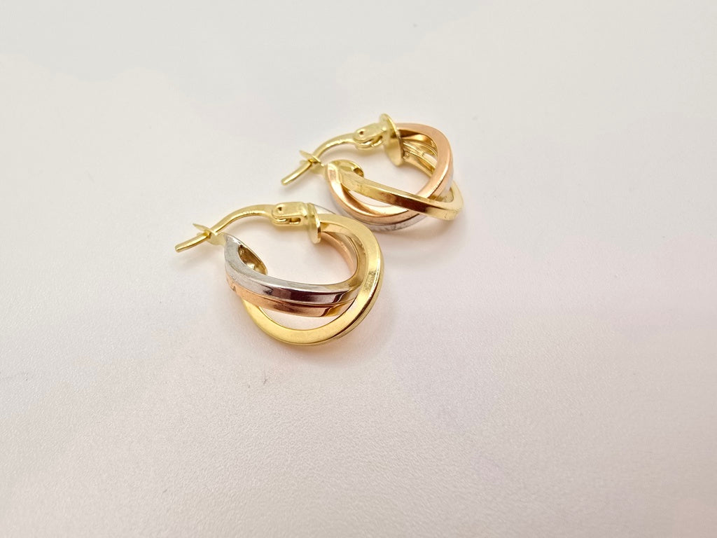 14KT SMALL ROUND THREE TONE TWISTED TRIPLE HOOPS EARRINGS Weight 1.9GR