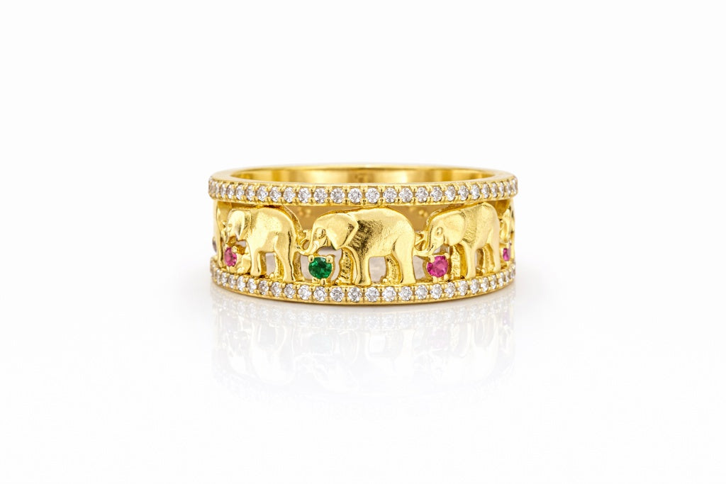 10KT COLORS CZ STONE DETAILS TRHEE ELEPHANT WOMAN'S RING Size 8 Weigth 2.3GR