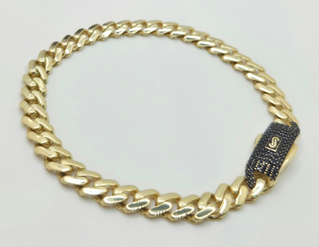 10KT CERTIFIED MONACO BRACELET BLACK CZ CLOSURE Size 8INCH 9.5MM Weight 11.8GR