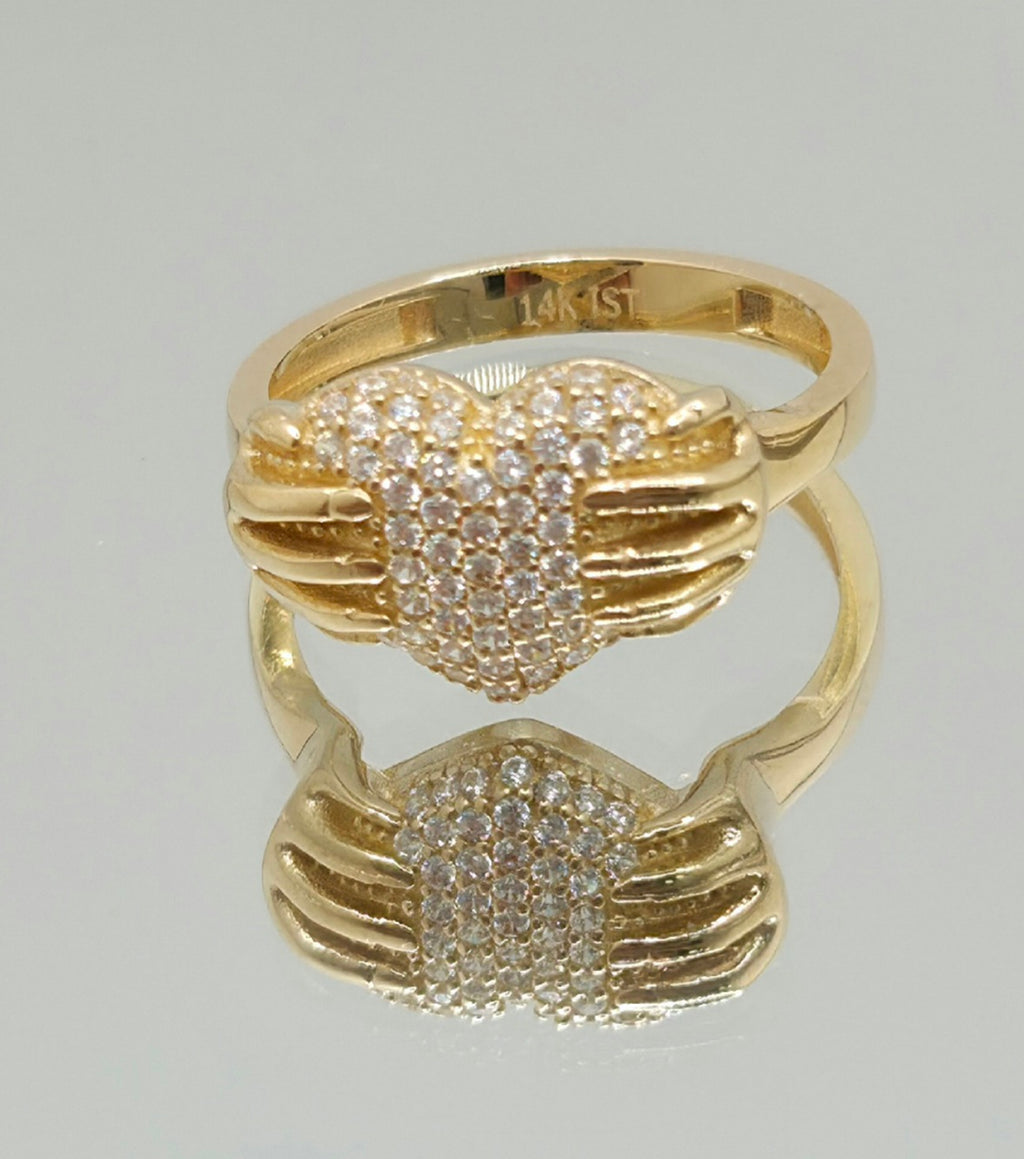 14KT CZ HEART WITH HAND RING Size 8 Weight 3.6GR