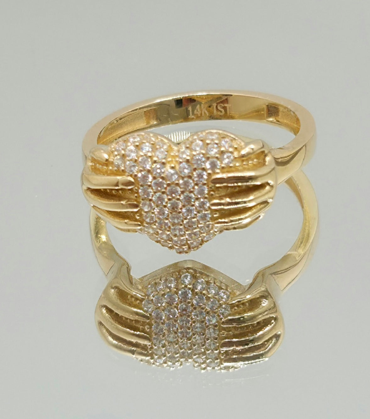 14KT CZ HEART WITH HAND RING Size 8 Weight 3.6GR