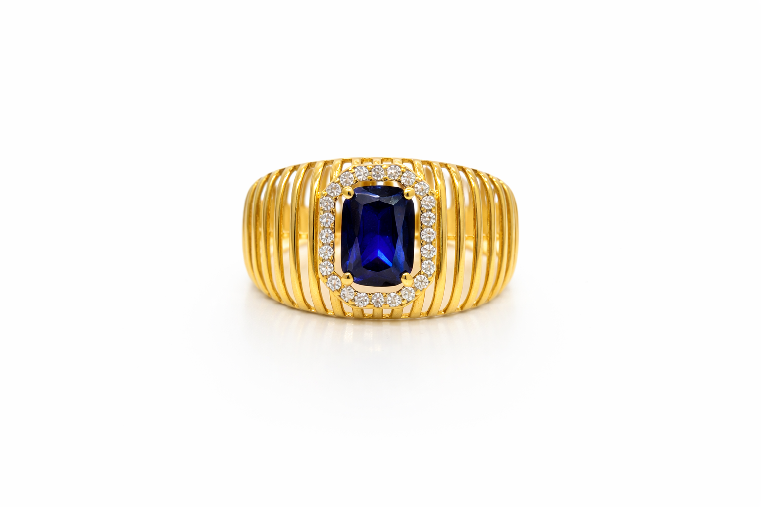 14KT DELICATE BAR DESIGN BACKGROUND SQUARE BLUE STONE RING Size 8 Weight 3GR
